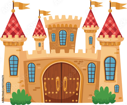 Fairytale castle illustration with towers and flags, fantasy medieval palace cartoon design, kids storybook concept, colorful vector isolated on white background