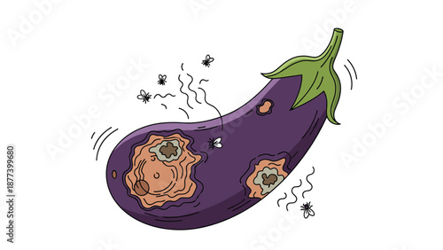 A rotten and spoiled purple eggplant is surrounded by buzzing flies, showing decay and decomposition in a cartoon style.
