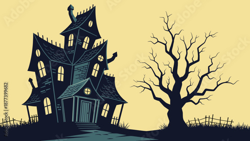 Spooky haunted house silhouette with dead tree and fence