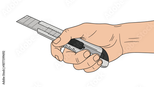 A person's hand is shown firmly holding a silver utility knife, also known as a box cutter, ready for use.