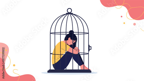 A sad woman is sitting curled up inside a large birdcage, symbolizing a feeling of being trapped, limited, or isolated.
