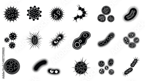 Black and white bacteria and virus silhouettes collection