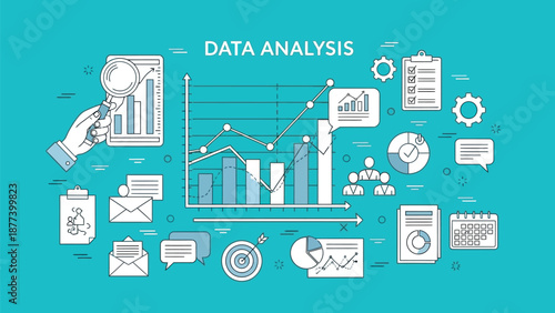 Conceptual illustration representing data analysis processes including charting measurement trending and strategic planning elements for business insight development
