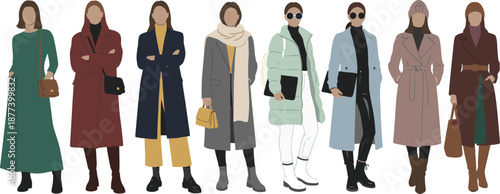 Stylish diverse women wearing modern winter fashion coats, boots, and accessories in urban street style outfits vector illustration for contemporary lifestyle and seasonal trends