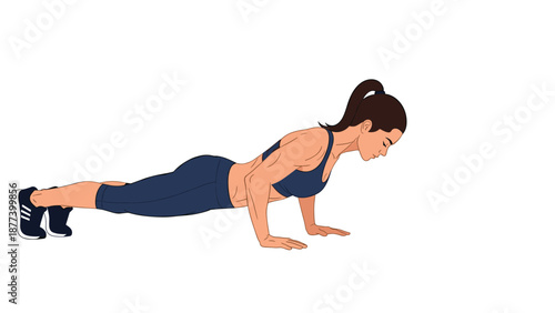 A fit woman with a ponytail is demonstrating the proper form for a push-up exercise as part of a workout routine.