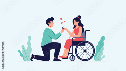 A romantic man kneels to propose with an engagement ring to his happy girlfriend who is sitting in a wheelchair.