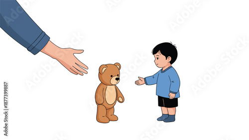 An adult hand gives a brown teddy bear to a small child, symbolizing a gift, donation, or act of kindness.