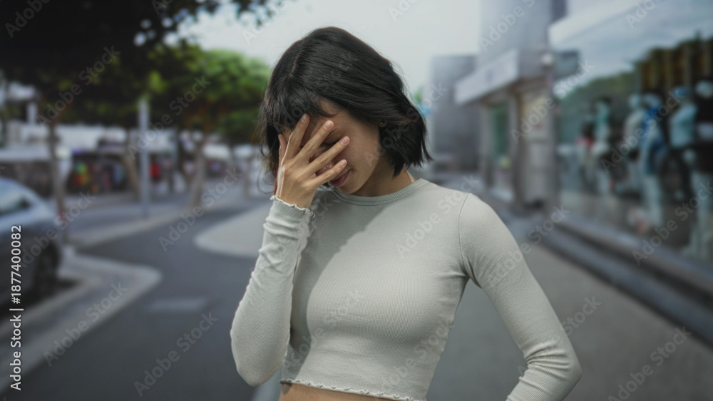 Fototapeta premium Young hispanic woman in cropped top covers eyes with hand against bright sun glare while standing on busy urban street; embarrassment.