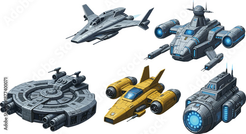 futuristic spaceship illustration set, sci fi space warships collection, advanced starship vehicles design, game asset science fiction pack