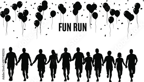 Silhouette of a diverse group of runners holding hands celebrating a fun run event with falling confetti and balloons
