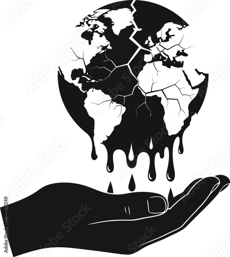 A stark black and white graphic illustrates a cracking melting planet earth dripping into an open cupped hand symbolizing environmental crisis.
