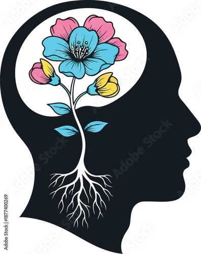 Silhouette profile of a human head illustrates the concept of personal growth with a flowering plant rooted deep inside the mind