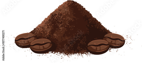 Ground coffee powder with roasted beans illustration, fresh aromatic caffeine drink ingredient concept, vector food art, isolated white background design