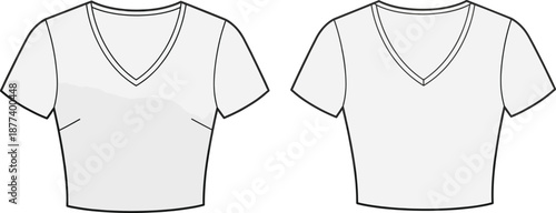 V neck t shirt vector template, front and back view, fashion apparel outline technical drawing isolated on white background, minimalist design mockup clothing illustration