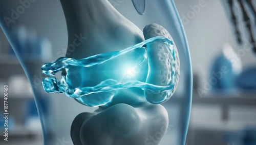Human knee joint anatomy with highlighted cartilage and synovial fluid.