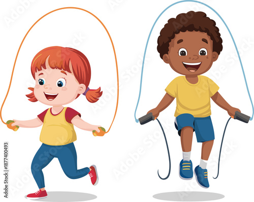 Happy kids skipping rope illustration, cute boy and girl jumping rope exercise, healthy childhood activity, colorful flat vector isolated on white background