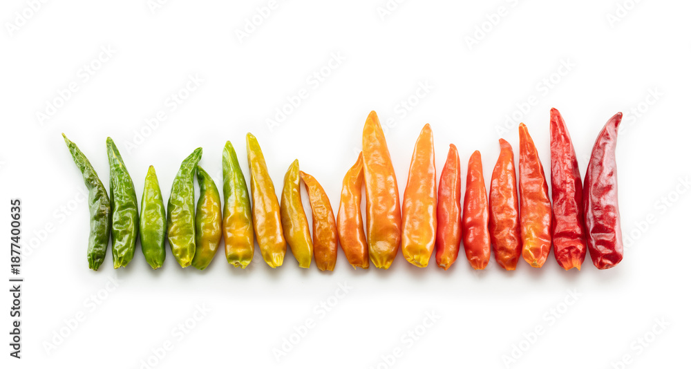 Naklejka premium Spicy and hot scale concept. Early harvested peppers in various colors aligned in gradating ripeness. Isolated on white.