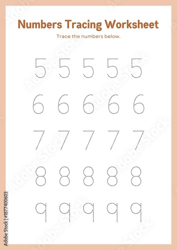 Number Tracing Worksheet for Kids, Printable Preschool Math Practice, Handwriting Numbers 5-9