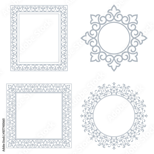 Set of decorative frames Elegant vector element for design in Eastern style, place for text. Floral gray and white borders. Lace illustration for invitations and greeting cards