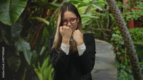 Quadro em tela Woman standing with fists raised and red glasses on a sunlit forest path among lush green plants; determination confidence resilience