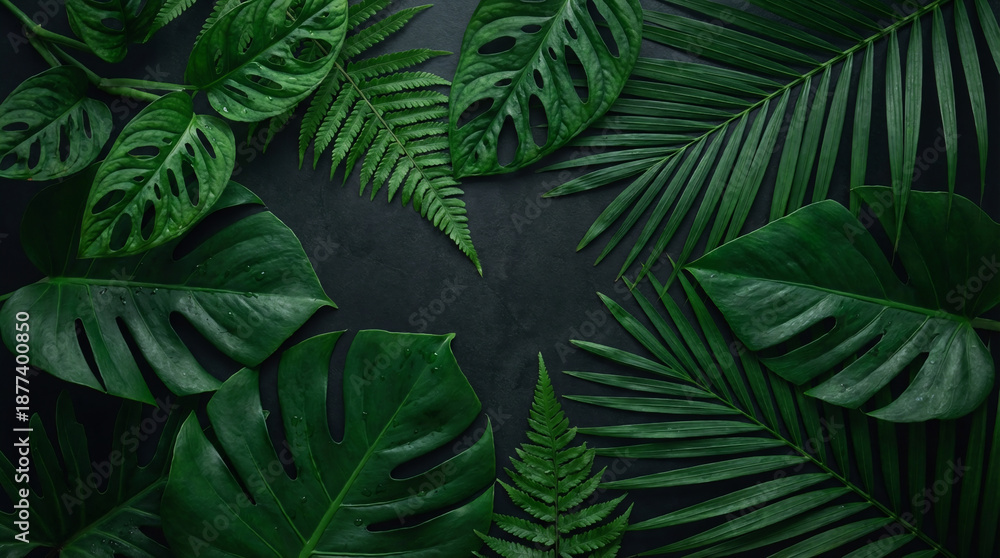 Obraz premium Lush Green Tropical Leaves Beautifully Arranged on a Dark Background