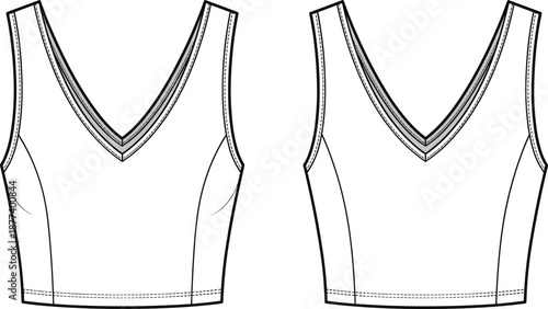 Women sleeveless V neck crop top technical fashion flat, front and back view, apparel design template, sportswear tank top vector illustration
