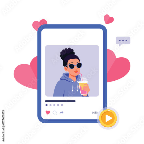  Cheerful Girl Taking Selfie in Frame with Hearts, vector illustration.
