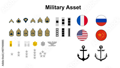 Collection of Military Ranks, National Flags, and Naval Symbols