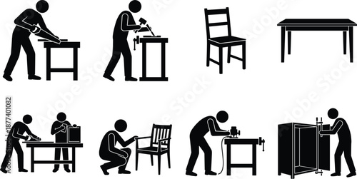 Woodworking process icons, carpenter furniture making steps, table chair cabinet assembly, DIY workshop illustration set, black silhouette vector design for manual craft production concept