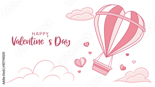 Romantic pink hot air balloon flying on Valentine's Day
