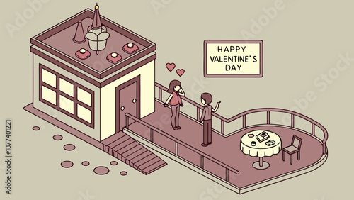 Couple celebrating Valentine's Day on rooftop patio with romantic dinner