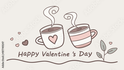 Cute Valentine's Day coffee cups with hearts and steam