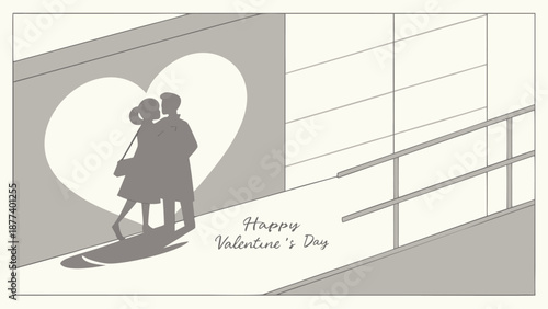 Couple embracing in front of heart shaped Valentine's Day mural