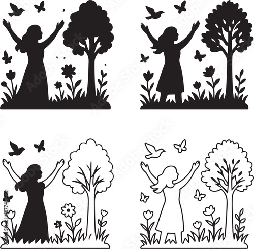 Isolated spring nature celebration silhouette, seasonal nature festival scene design illustration, eco celebration concept artwork, spring festival silhouette for branding use