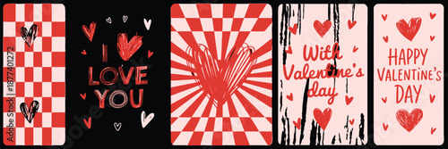 Set of Creative Valentine's Day Greeting Cards and Vertical Stories with Red Hearts and Checkerboard Patterns Vector