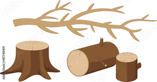 Tree branch, wooden log and tree stump illustration set, natural wood elements, forest material collection, cartoon vector isolated on white background