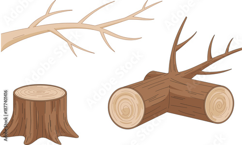 Tree branch, cut wooden logs and tree stump illustration set, natural forest wood elements, cartoon vector isolated on white background