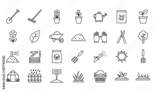 Monochrome gardening line icon vector set with plant care and tools