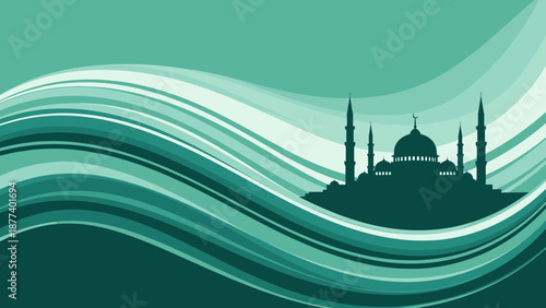 Teal mosque silhouette with wavy background