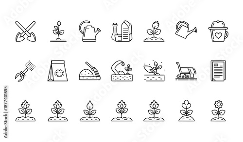 Minimal monochrome gardening line icon system vector set