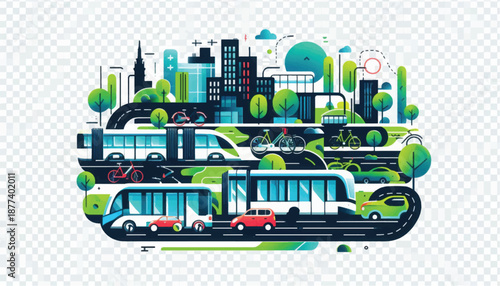 Cityscape with Public Transport and Automobiles.