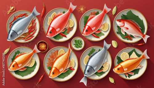 Illustration of six assorted Chinese New Year milkfish (ikan bandeng) dishes arranged neatly in two rows, flat color illustration 
