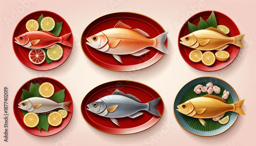 Illustration of six assorted Chinese New Year milkfish (ikan bandeng) dishes arranged neatly in two rows, flat color illustration 