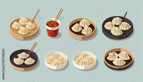 Illustration of six assorted Chinese dumplings (pangsit / jiaozi) arranged neatly in two rows, flat color illustration