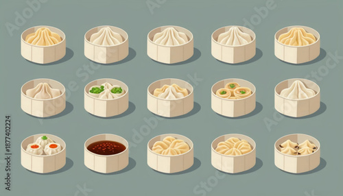Illustration of six assorted Chinese dumplings (pangsit / jiaozi) arranged neatly in two rows, flat color illustration
