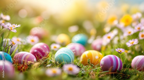 Colorful easter egg hunt in a sunny spring meadow with children searching among flowers and green grass for festive holiday celebration