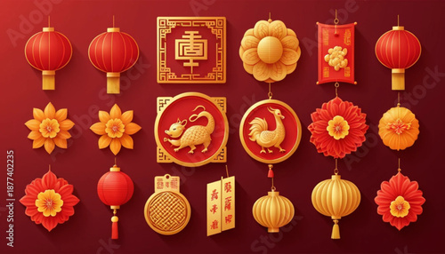 Illustration of six Chinese New Year (Imlek) nature elements and decorative icons arranged neatly in two rows, flat illustration style with soft shading and smooth edges, simple plain background