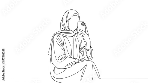 Continuous line drawing of woman in hijab using smartphone