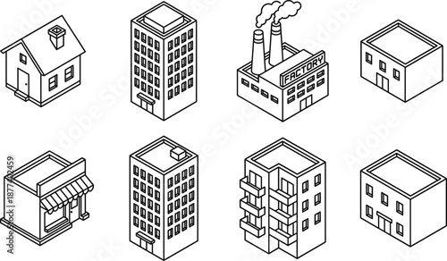 Isometric building line icon set, city architecture houses factories apartments, outline vector illustration isolated on white
