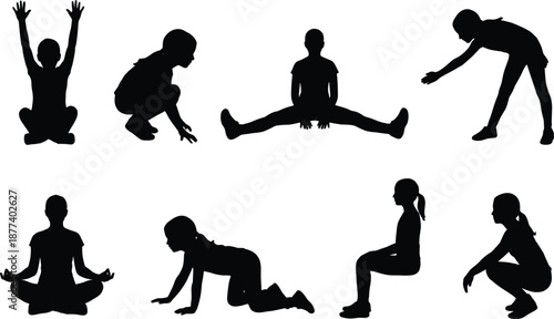 Yoga stretching silhouettes, fitness exercise poses, flexibility training routine, wellness meditation practice, body balance movements, healthy lifestyle workout illustration set isolated